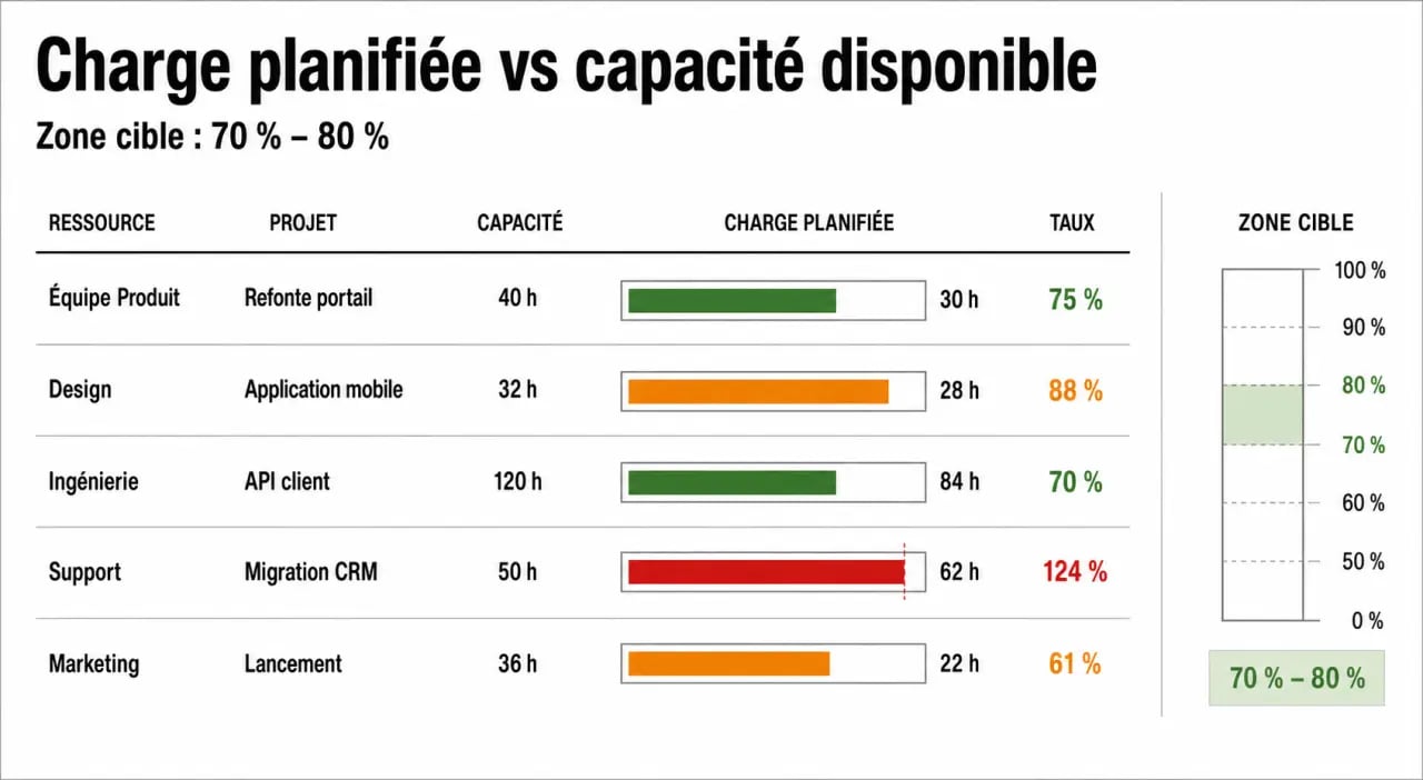 Tableau charge de travail avec comparaison charge et capacité, code couleur et seuils de surcharge