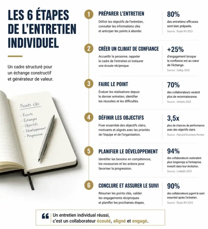 Schéma des 6 étapes pour réussir une trame entretien individuel efficace