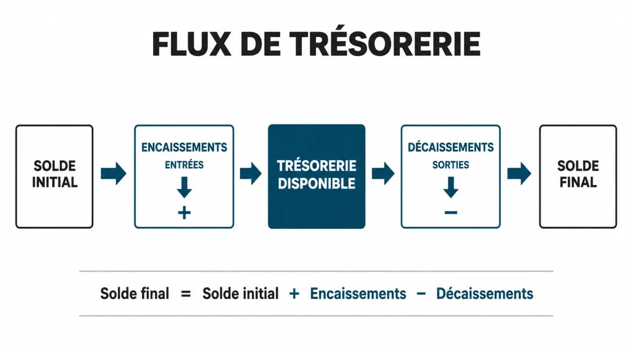 Schéma explicatif du fonctionnement d'un budget de trésorerie avec encaissements et décaissements
