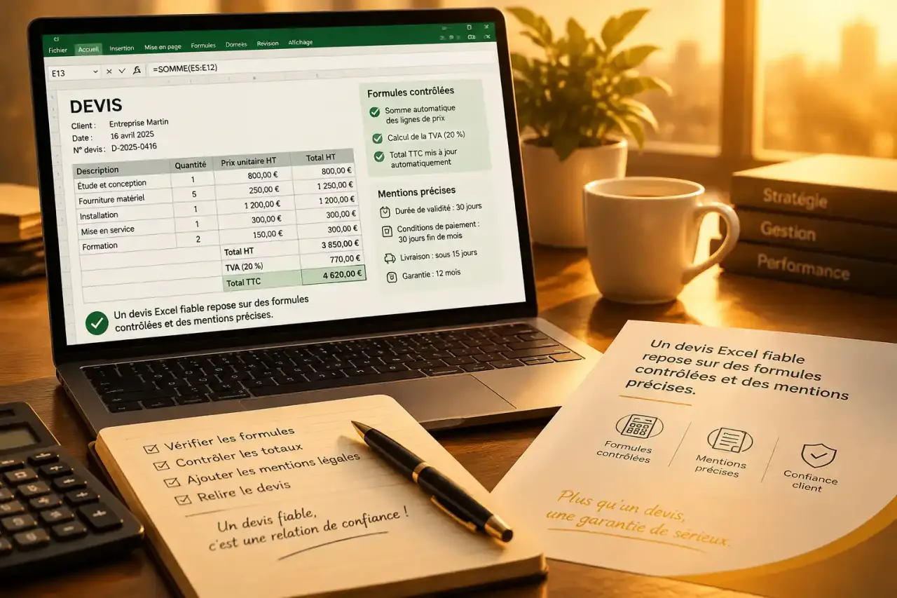 Un devis Excel fiable repose sur des formules contrôlées et des mentions précises