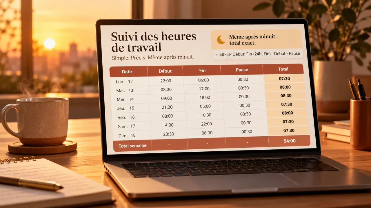 Tableau pour calculer les heures de travail : des totaux justes, même après minuit