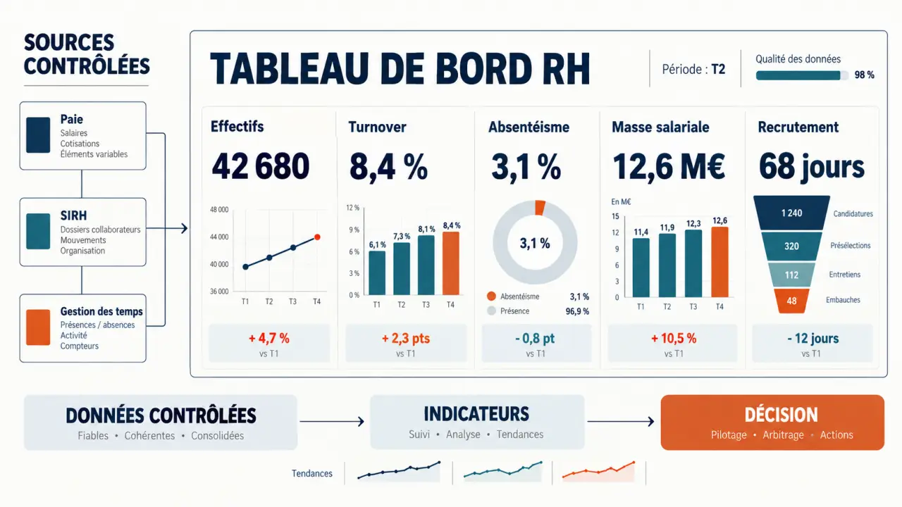 Infographie d’un tableau de bord en ressources humaines avec indicateurs RH et sources de données