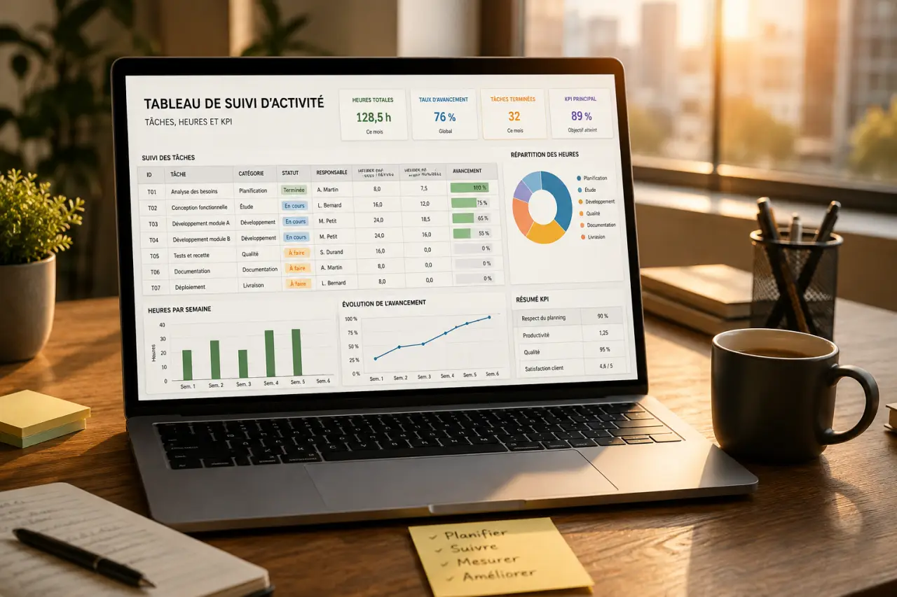 Tableau Excel de suivi d’activité : le modèle simple pour gérer tâches, heures et KPI