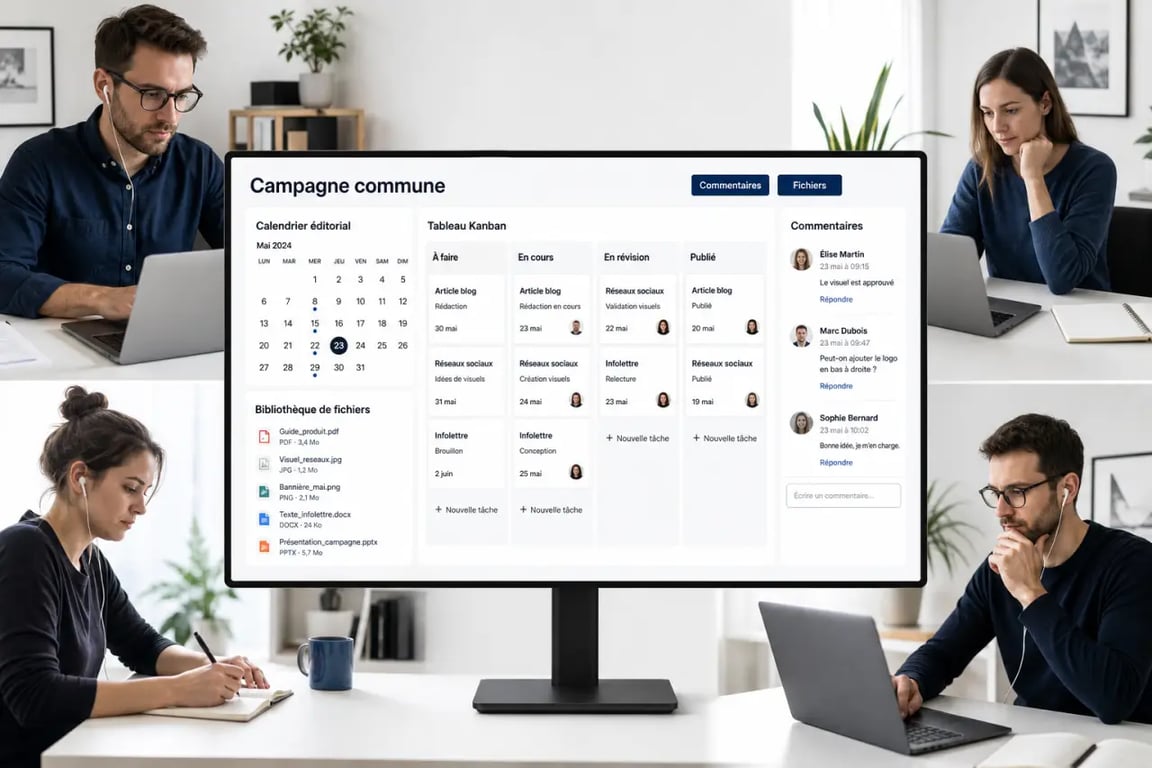 Équipe en télétravail utilisant le meilleur logiciel gestion projet équipes marketing distantes pour centraliser briefs, validations et délais
