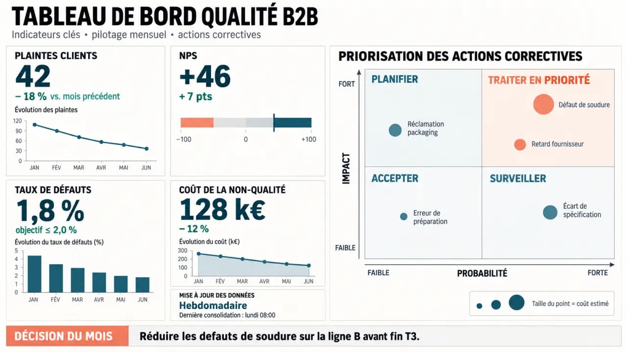 Tableau de bord indicateurs qualité avec KPI clients, taux de défauts et matrice impact probabilité