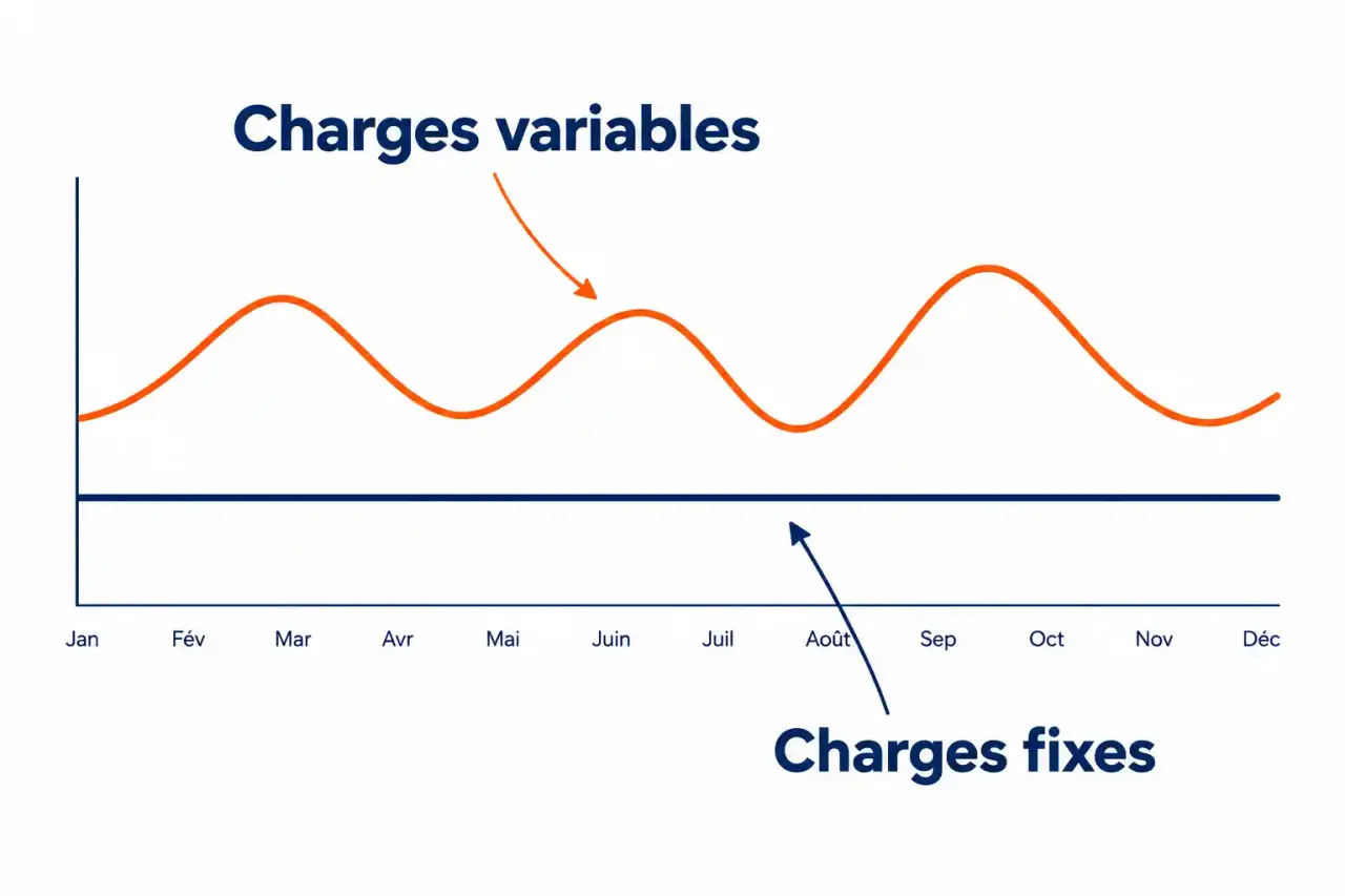 Schéma du tableau charge : différence entre charges fixes constantes et charges variables fluctuantes
