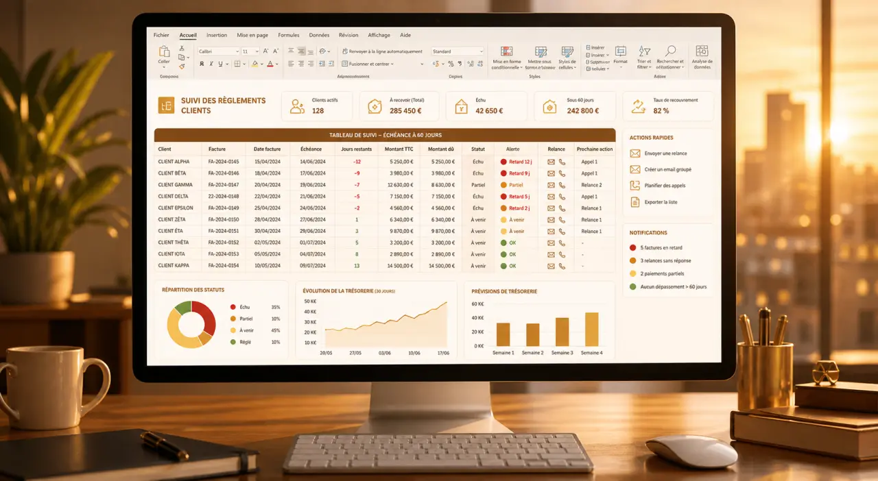 Suivi des règlements clients sur Excel : 60 jours, alertes de retard et relances sans oubli