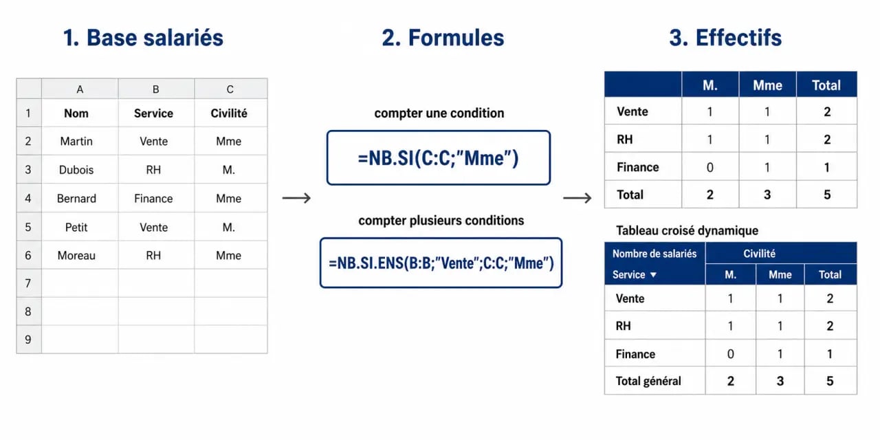 Tableau effectif Excel montrant la méthode NB.SI, NB.SI.ENS et le tableau croisé dynamique