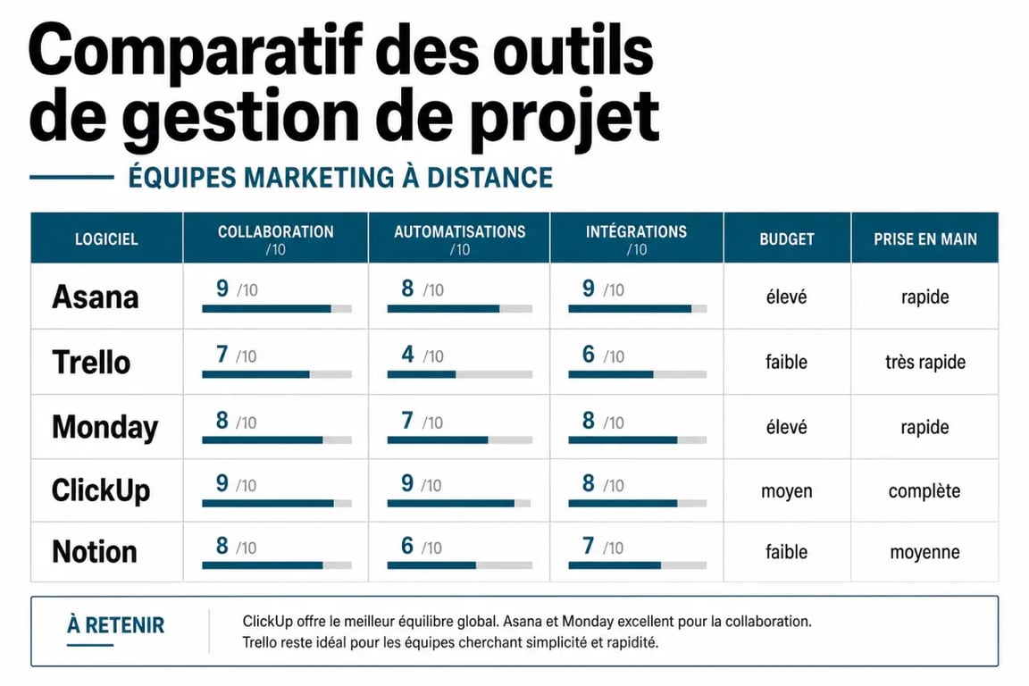Comparatif du meilleur logiciel gestion projet équipes marketing distantes avec critères de collaboration, automatisation, intégrations et budget