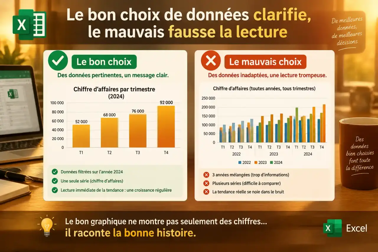 Graphique Excel : le bon choix de données clarifie, le mauvais fausse la lecture