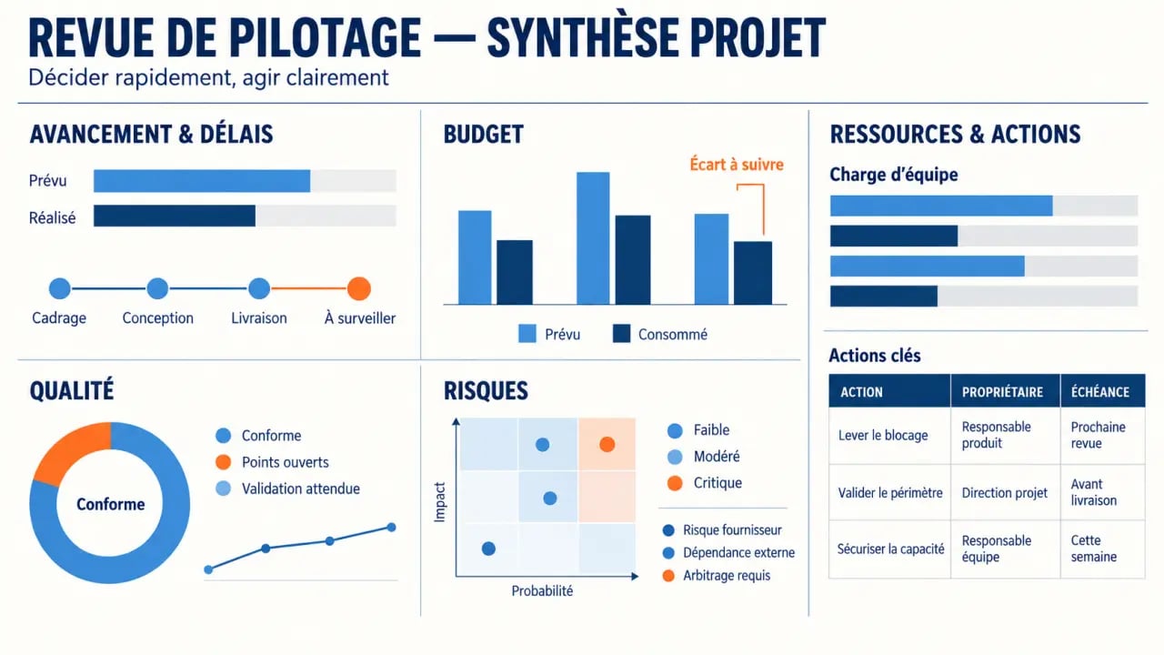 Projet tableau de bord présentant les KPI d’avancement, de budget, de qualité, de risques et de ressources