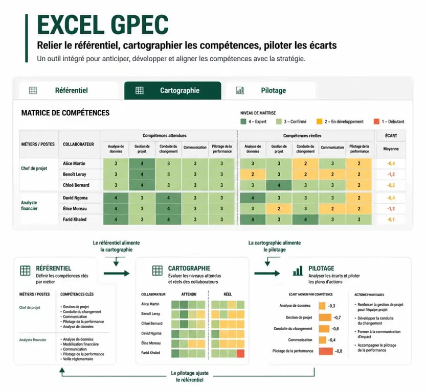 Tableau Excel GPEC illustrant une matrice de compétences avec onglets Référentiel, Cartographie et Pilotage