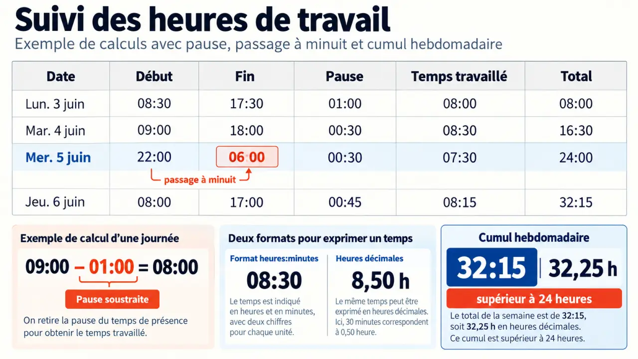 Tableau pour calculer les heures de travail avec pauses, cumul hebdomadaire et heures décimales