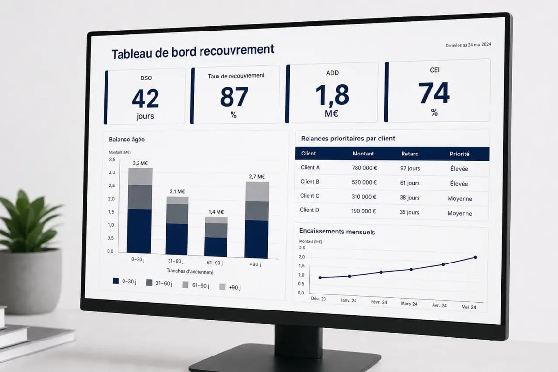 Reporting recouvrement avec tableau de bord KPI, balance âgée et relances prioritaires