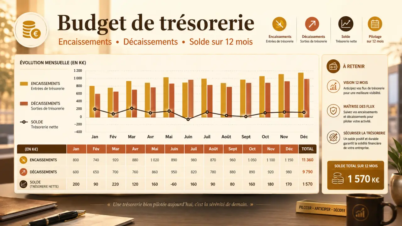 Budget de trésorerie : encaissements, décaissements et solde sur 12 mois
