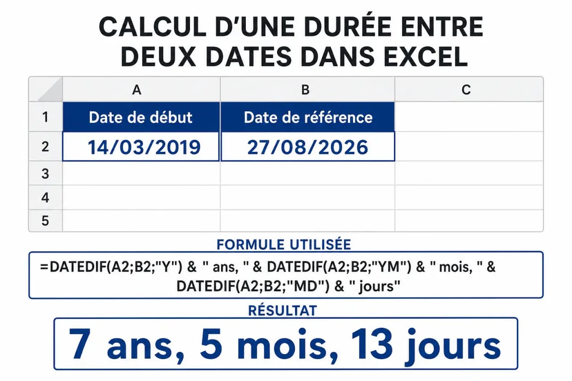 Calcul ancienneté Excel avec dates de début et de référence dans Excel et résultat en années, mois et jours