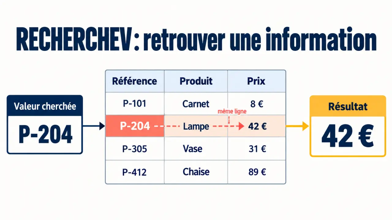 Schéma visuel du fonctionnement de recherchev excel entre une valeur recherchée et une donnée associée