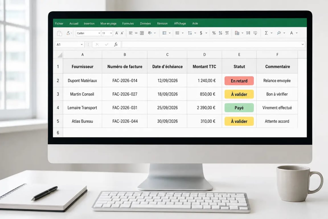Tableau fournisseur Excel gratuit avec colonnes de suivi, statuts colorés et échéances visibles