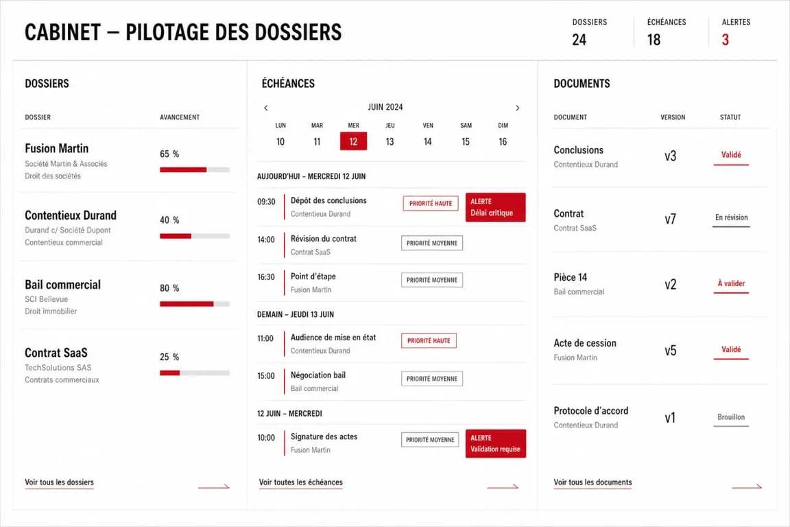 Logiciel gestion de projet avocats : tableau de bord éditorial avec dossiers, échéances et documents