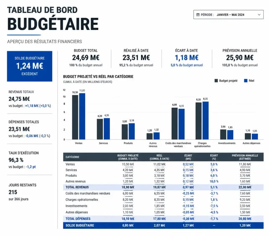 Modèle de budget prévisionnel Excel illustrant la comparaison entre prévisions et résultats réels
