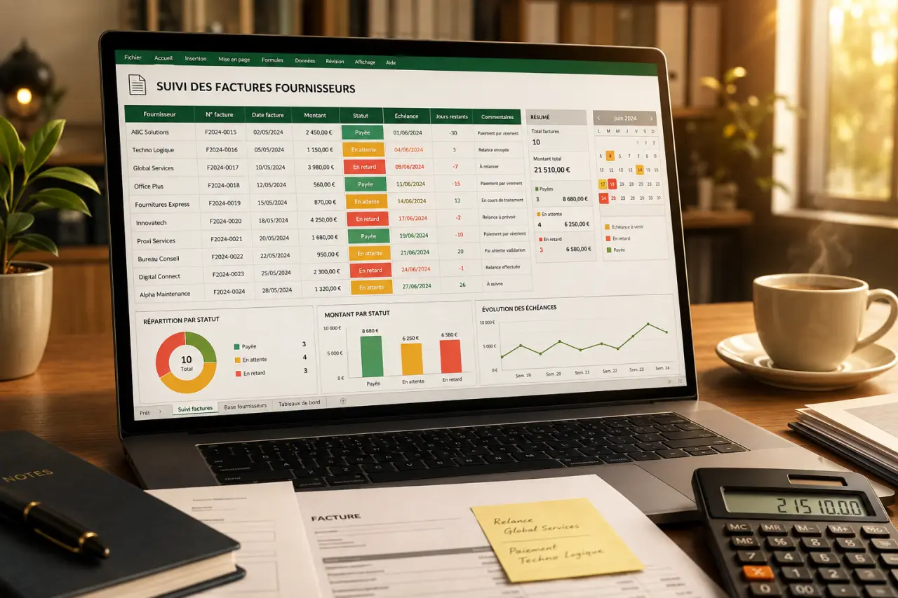 Suivi des factures fournisseurs dans Excel : colonnes, statuts et échéances d’un tableau gratuit