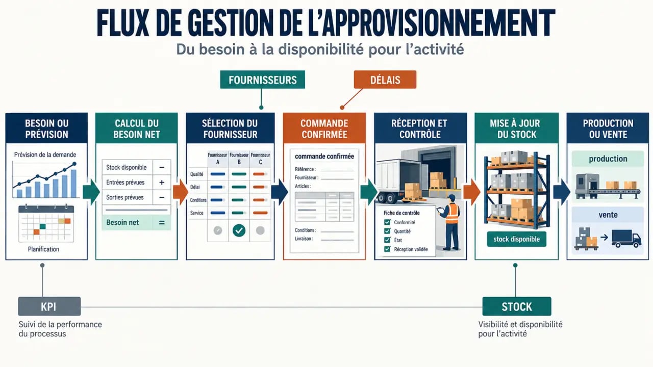 Schéma du flux de gestion approvisionnement, du besoin à la réception et à la mise en stock