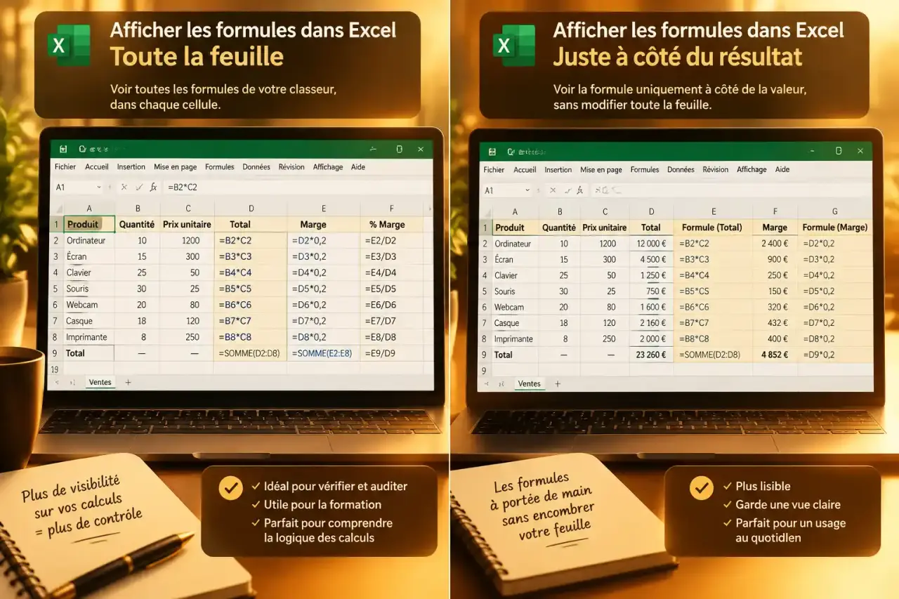 Afficher les formules dans Excel : toute la feuille ou juste à côté du résultat