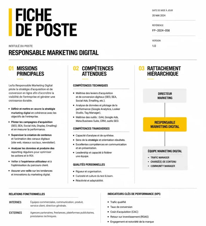 Modèle fiche de poste Word avec rubriques structurées missions et compétences
