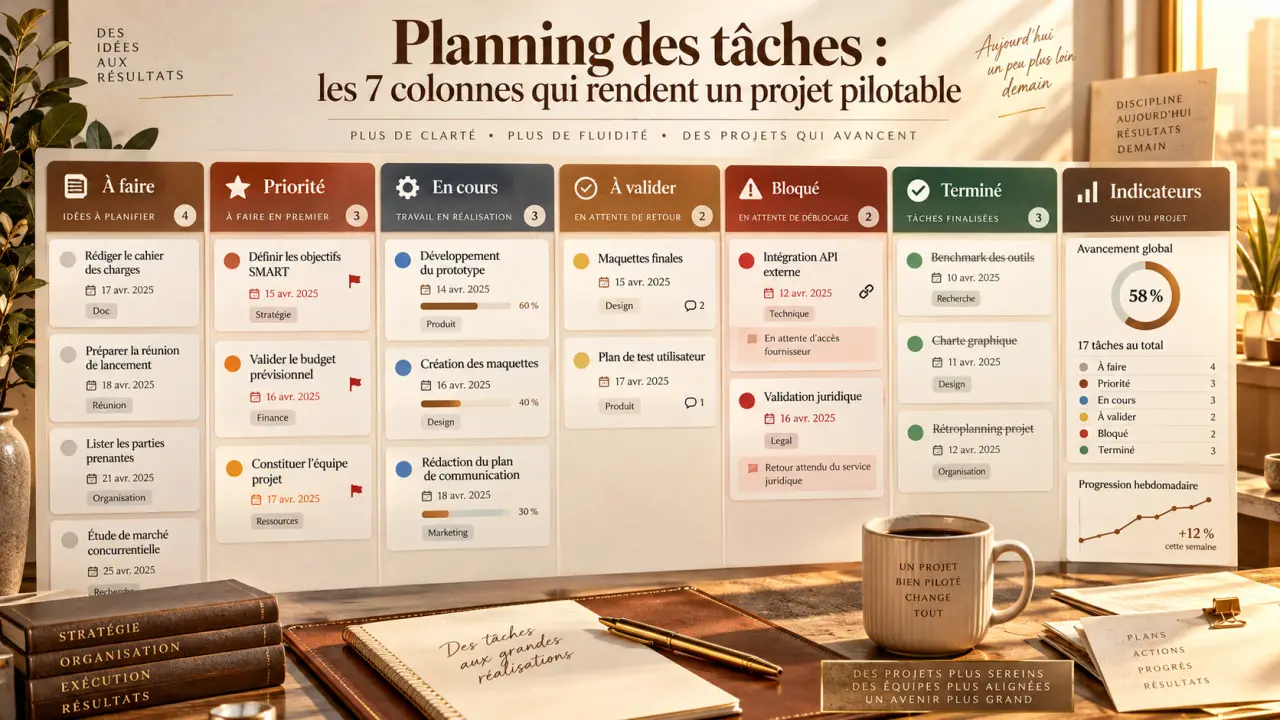 Planning des tâches : les 7 colonnes qui rendent un projet pilotable