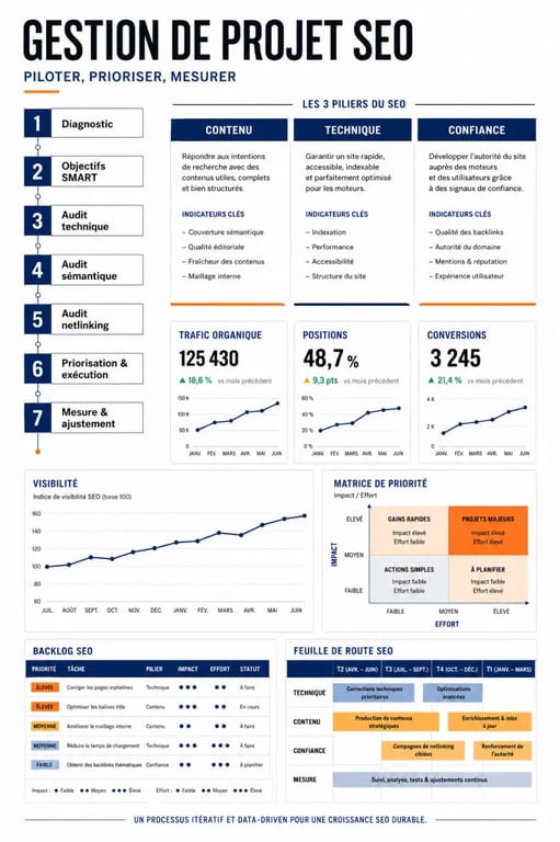 Gestion de projet SEO : schéma éditorial des étapes et des 3 piliers du SEO
