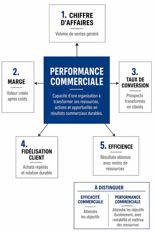 performance commerciale définition : schéma des KPI, de la rentabilité et de la fidélisation