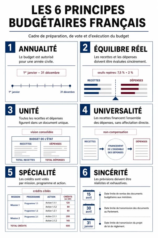Principes budgétaires résumés dans une infographie éditoriale sur annualité, équilibre, unité, universalité, spécialité et sincérité