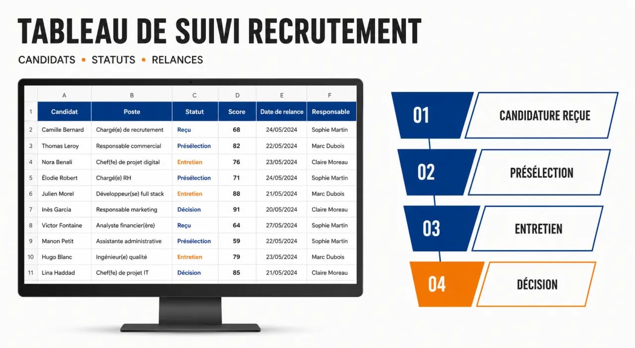 Tableau suivi recrutement candidats excel avec pipeline de candidatures et colonnes de suivi dans un fichier Excel