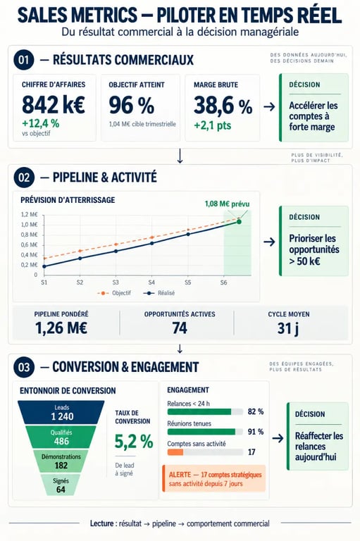 Infographie des indicateurs commerciaux SalesMetrics dans un dashboard temps réel