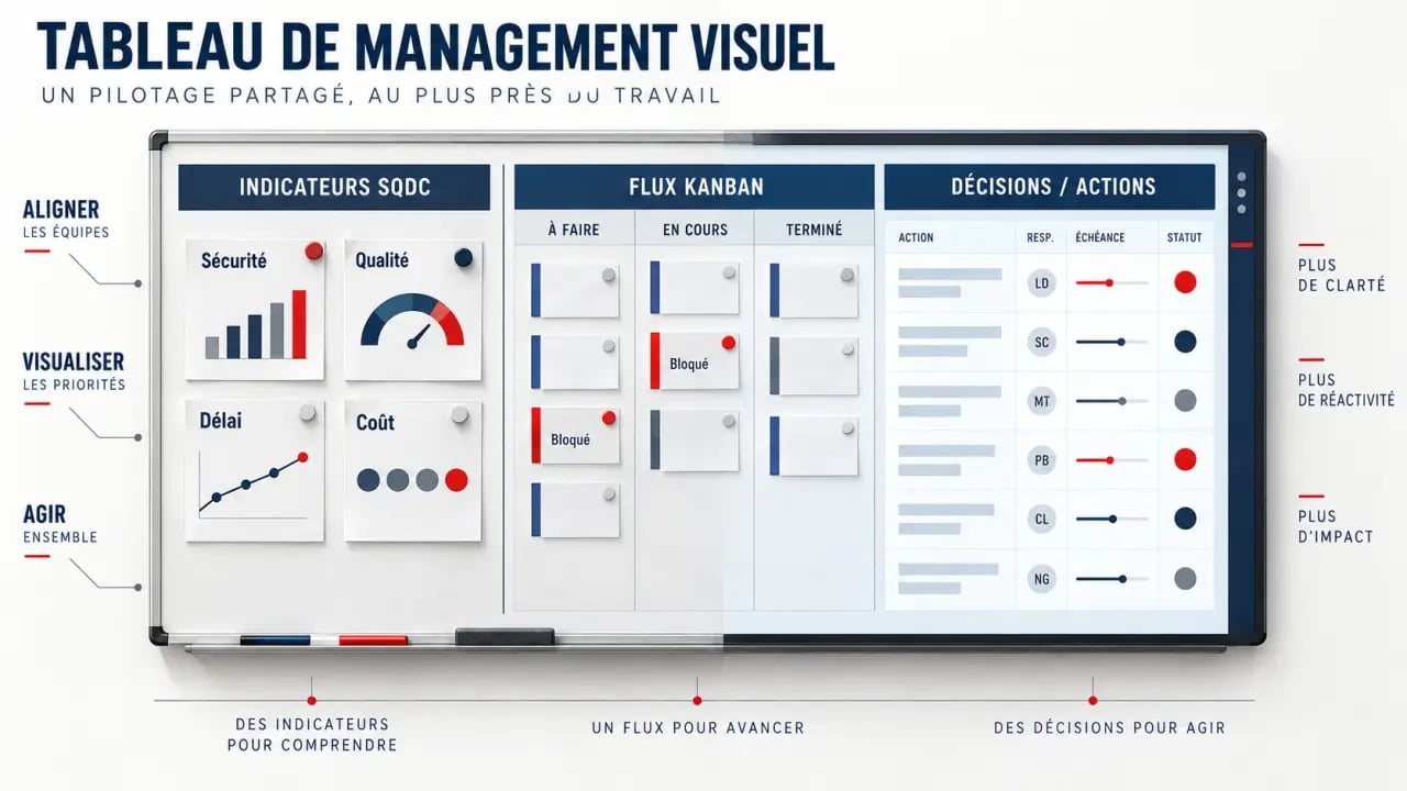 Tableau de management visuel reliant indicateurs SQDC, flux Kanban et décisions d’équipe