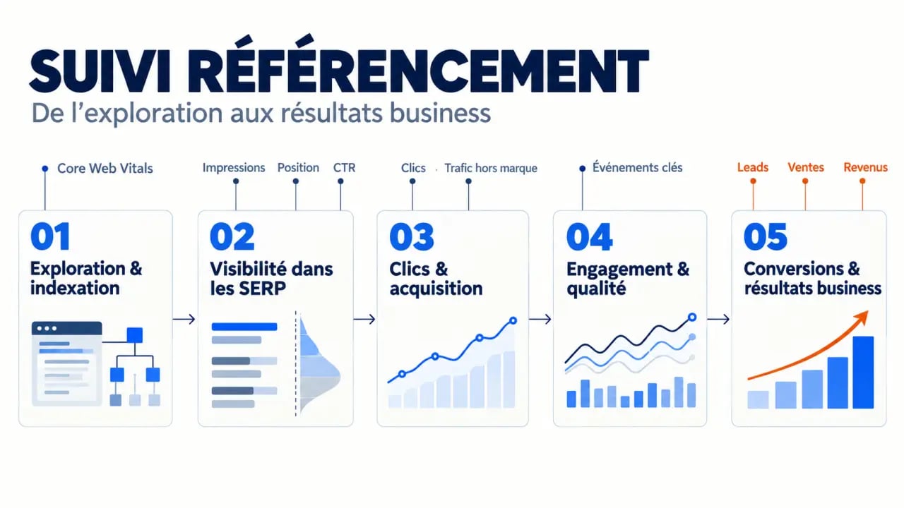 Infographie du suivi référencement reliant visibilité, trafic organique, KPI SEO et conversions