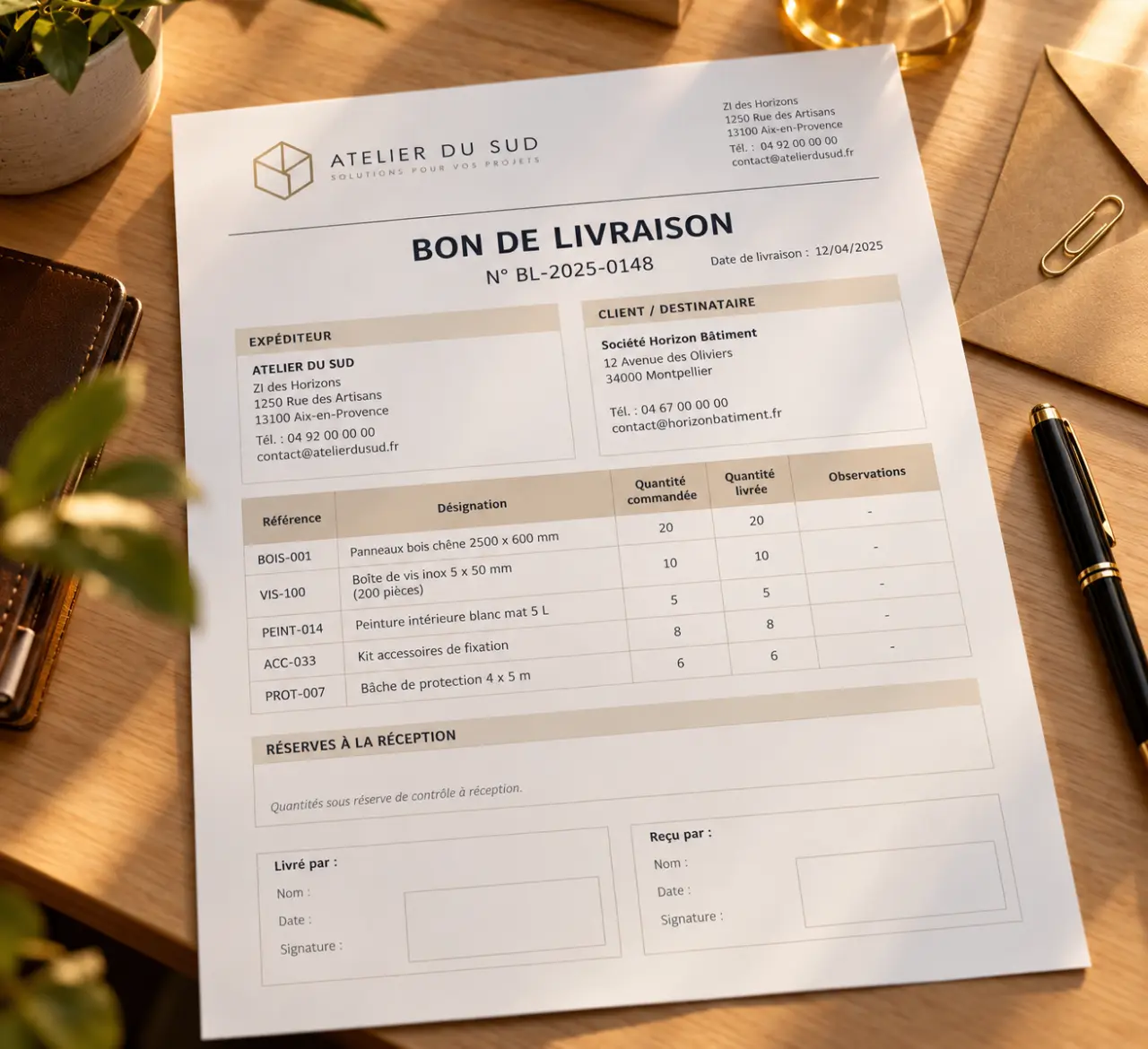 Bon de livraison : un exemple à copier, des quantités aux réserves