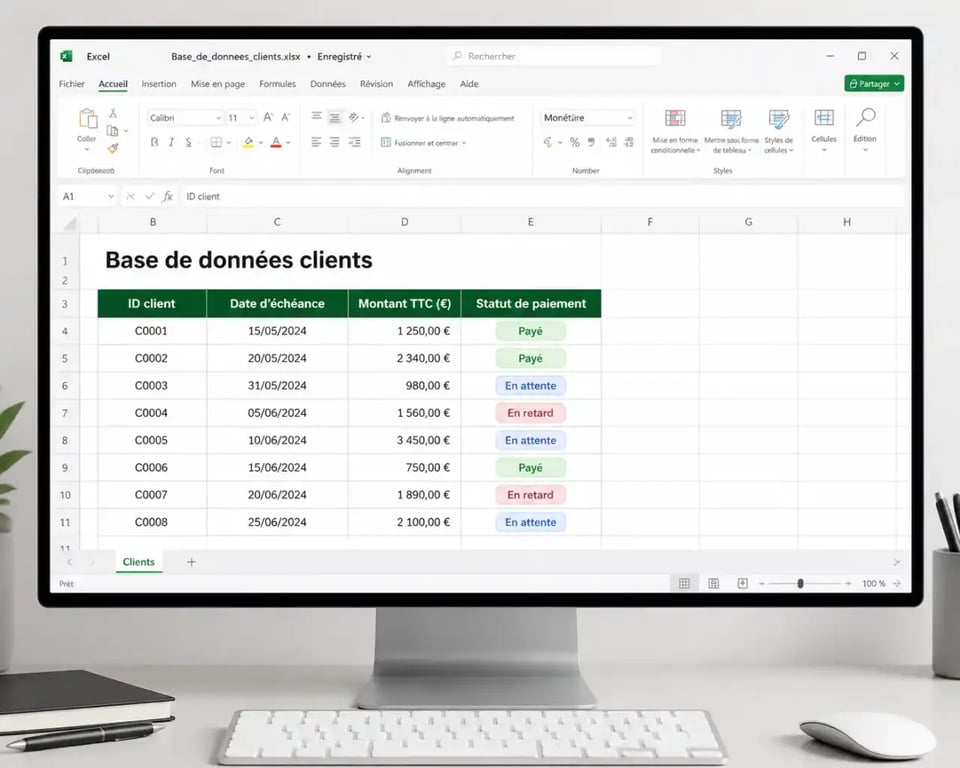 Exemple de structure de tableau pour le suivi des comptes clients sur Excel