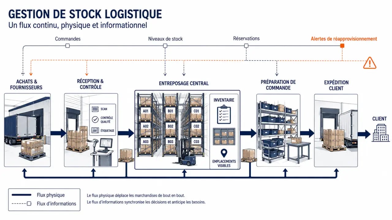 Schéma de gestion de stock logistique reliant achats, entreposage, préparation et expédition
