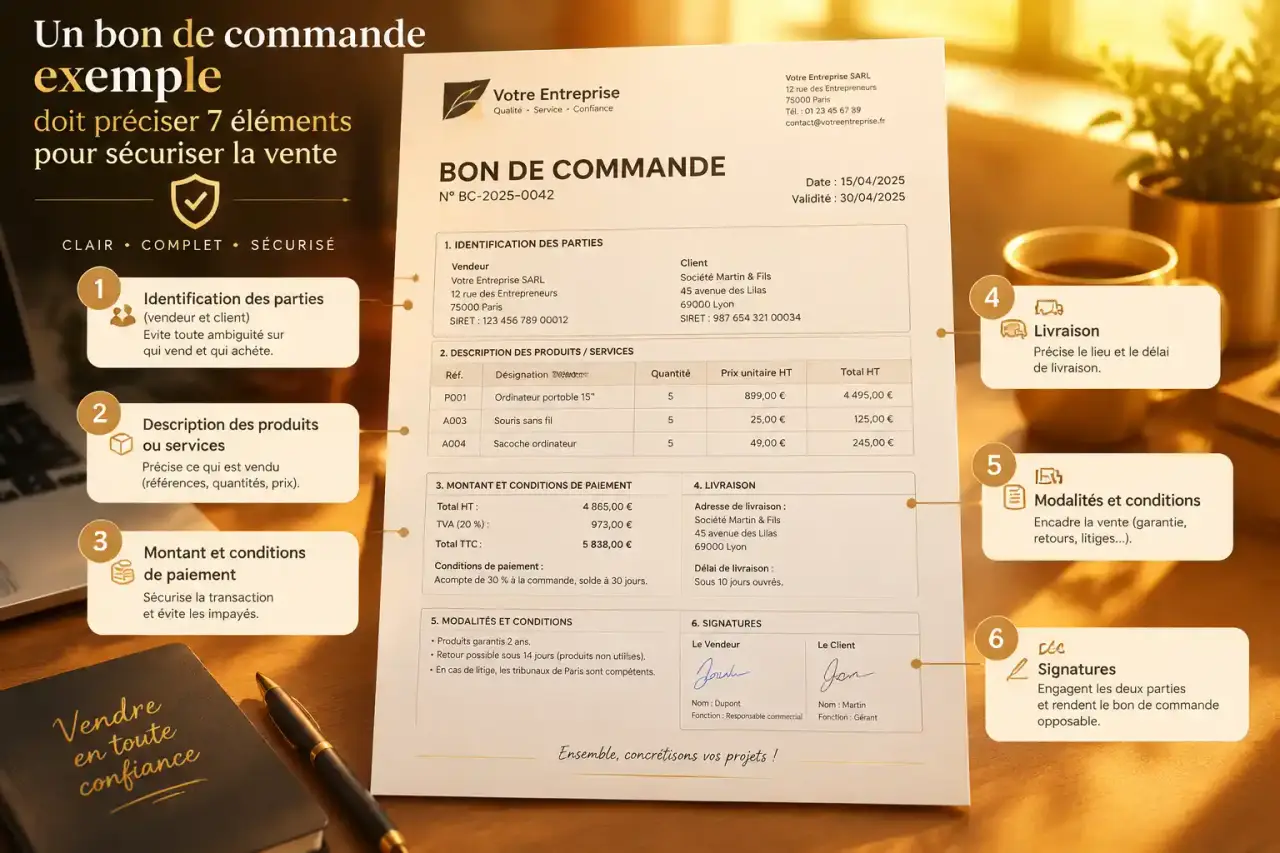 Un bon de commande exemple doit préciser 7 éléments pour sécuriser la vente