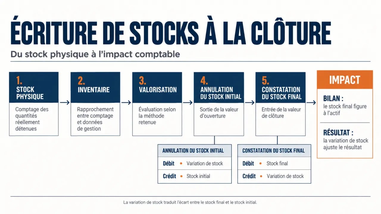 Infographie sur l’écriture de stocks et le flux de clôture comptable